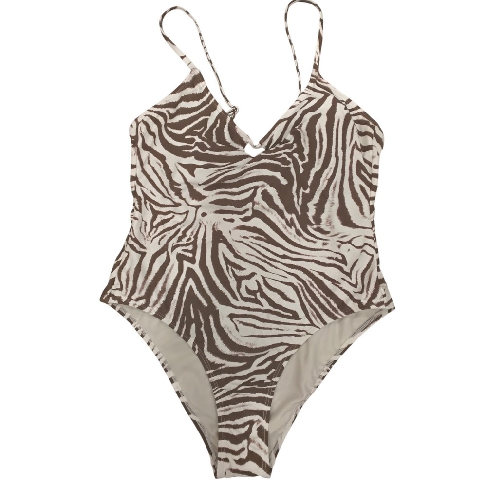 No Boundaries Zebra Print One Piece Swimsuit Brown Cream High Leg Cheeky New-M